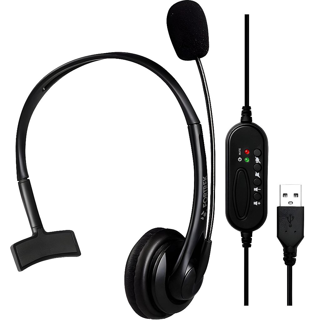 Headset Monoauricular Fortrek FK-731A USB com Microfone Fixo Alto-falante 30mm e Cabo de 2m