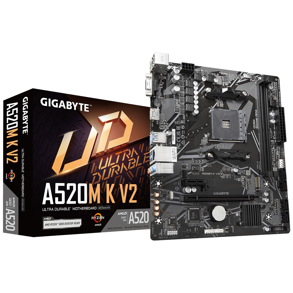 Placa-Mãe AM4 A520 GIGABYTE A50M-K DDR4 M.2 NVMe mATX