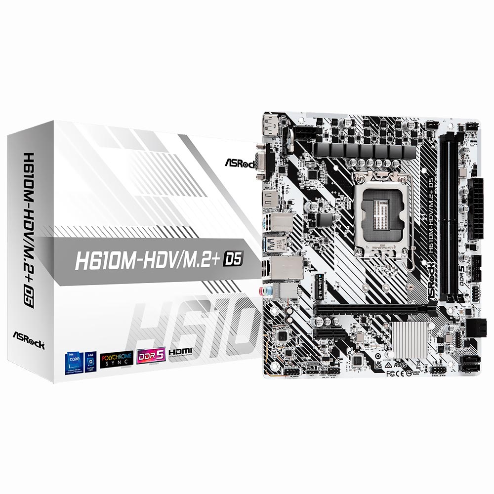 Placa Mae LGA1700 ASRock H610M-HDV/M.2 + D5 DDR5 Micro ATX HDMI/DP/VGA M.2/SATA Gigabit LAN
