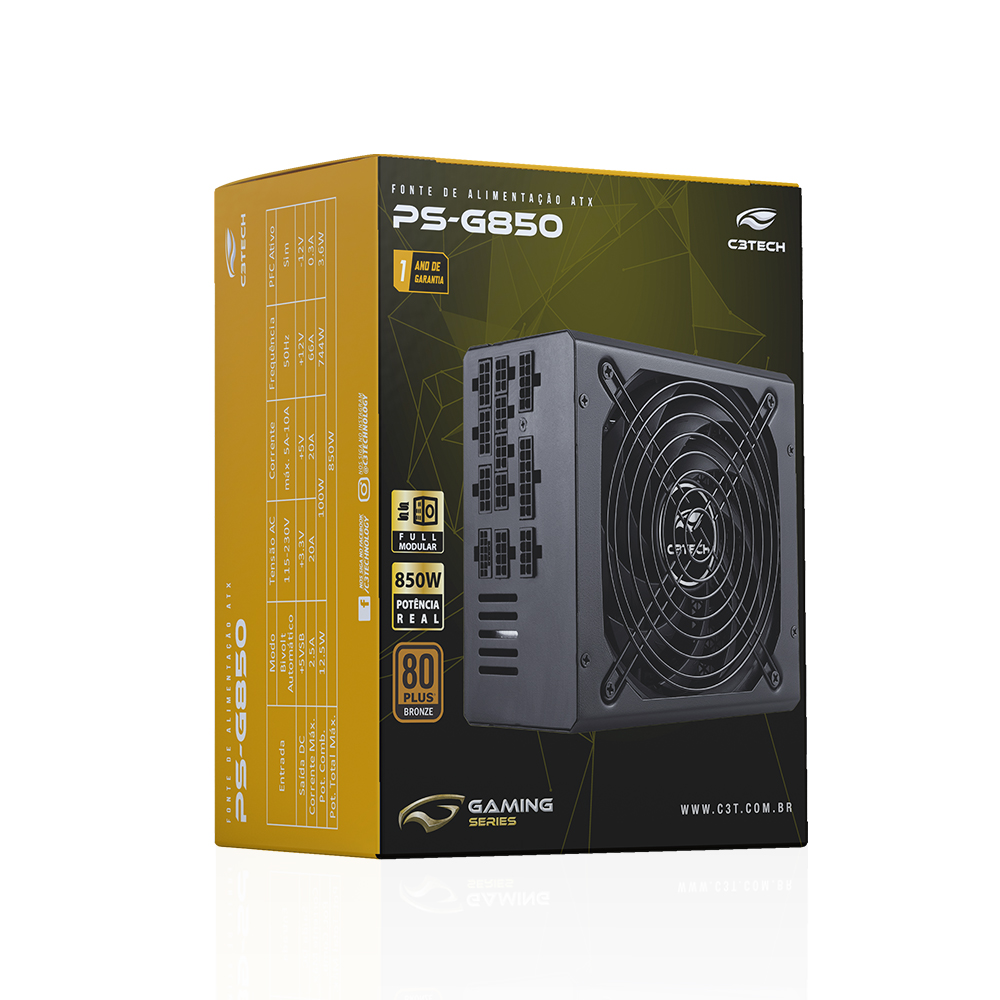 Fonte ATX 850W PS-G850 C3Tech 80 Plus Bronze Full Modular PFC Ativo