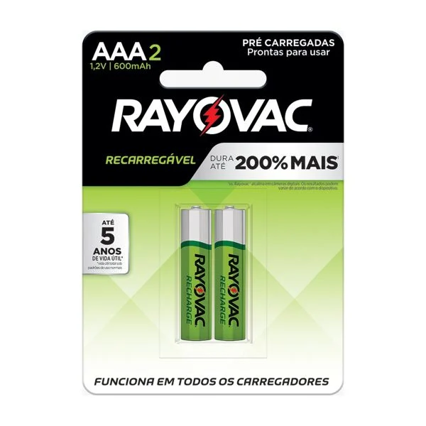 Kit 2 Pilhas Recarregáveis AAA Rayovac Eco 55902 600mAh 1.2V NiMH