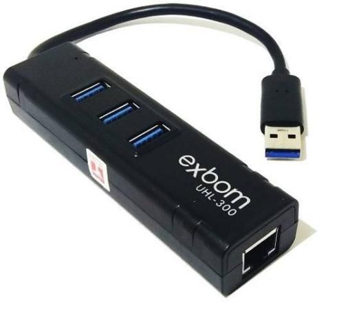 Adaptador de Rede USB 3.0 para RJ45 Gigabit 10/100/1000Mbps com Hub 3 Portas USB 3.0 Exbom UHL-300
