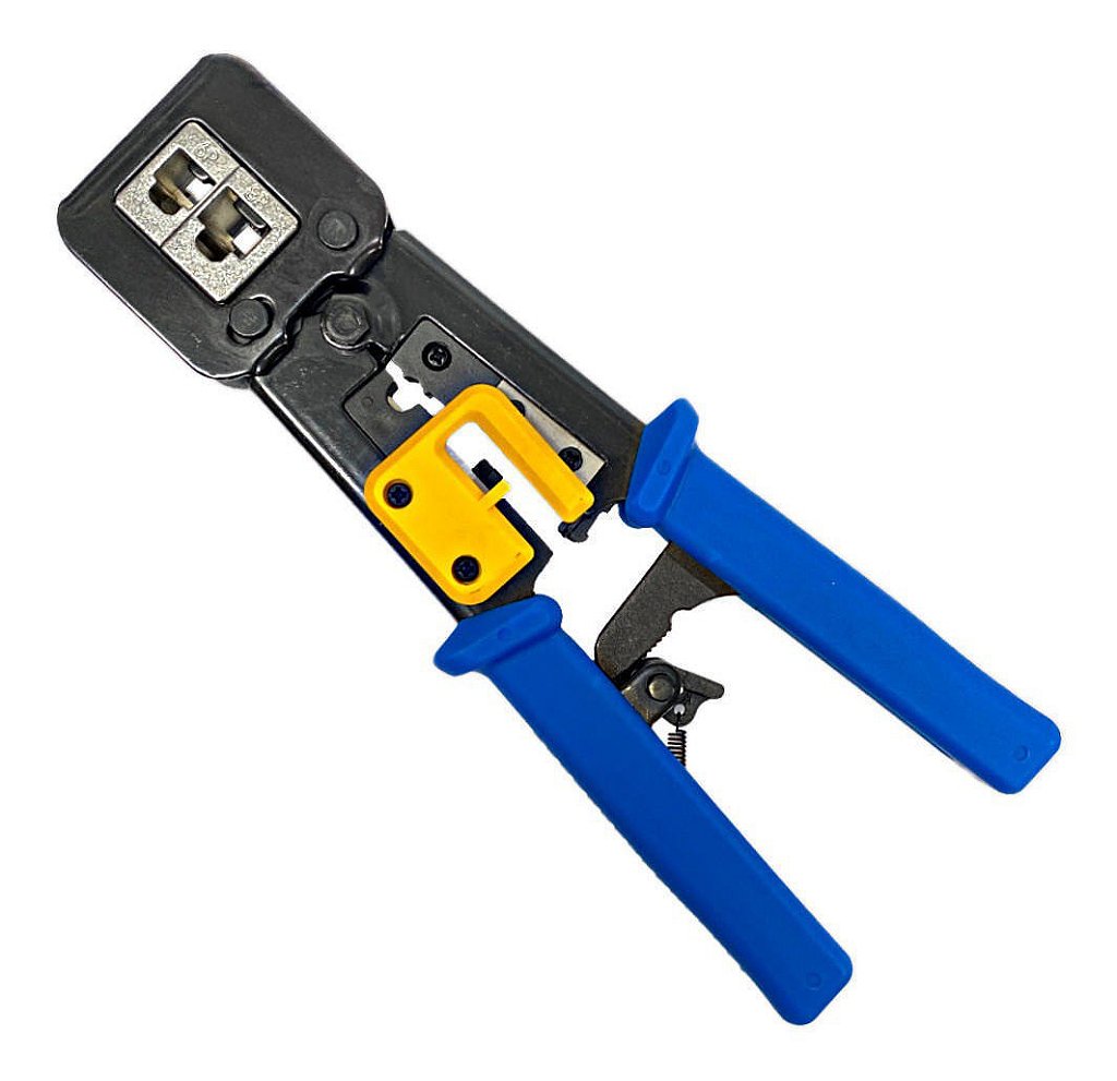 Alicate de Crimpar EXBOM FRM-ACN205 para Conector de Passagem EZ Crimp RJ45 RJ12 RJ11 com Cortador e Desencapador