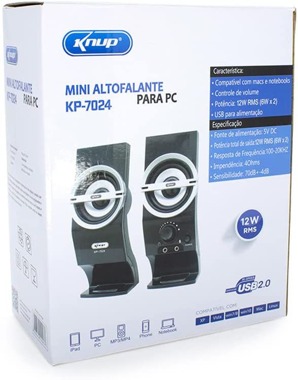 Caixa de Som Knup KP-7027 12W RMS 2.0 Alimentação USB Conexão P2 3.5mm Preta - Imagem 5