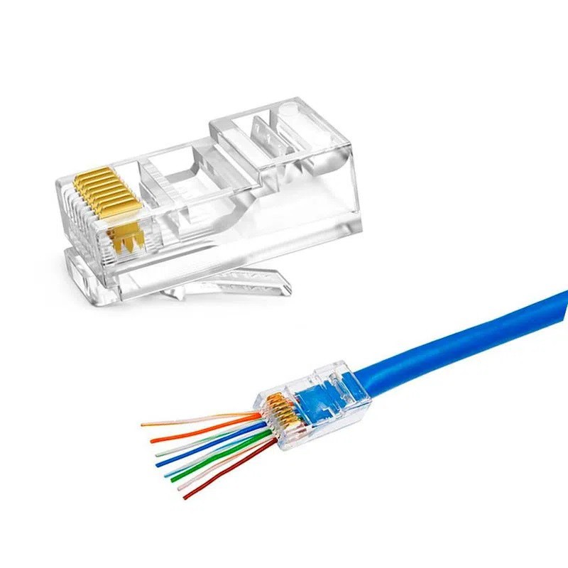 Conector RJ45 Macho EZ Crimp Vazado de Passagem CAT6 para Cabo de Rede Sólido UTP - Imagem 2