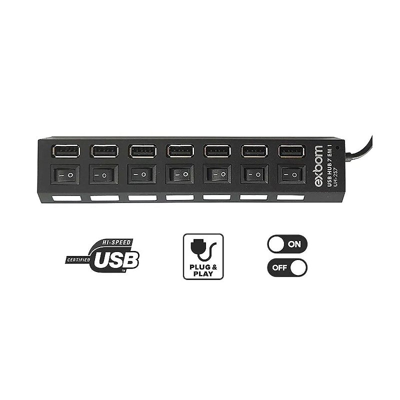 Hub USB 2.0 Exbom UH-2S7 com 7 Portas, Interruptor Liga/Desliga Individual por Porta, LED Indicador e Velocidade de 480Mbps - Imagem 4