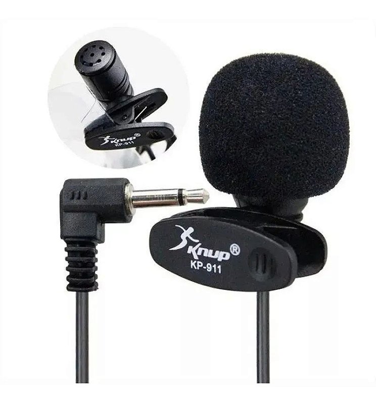 Microfone de Lapela Knup KP-911 P2 3.5mm Mono com Presilha e Espuma para PC, Notebook e Smartphone