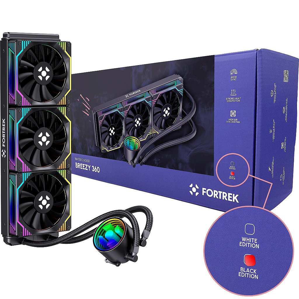Water Cooler Fortrek Breezy 360mm Preto Triple Fan ARGB TDP 280W para Intel LGA 115x/1200/1700/20XX e AMD AM4/AM5 - Imagem 3
