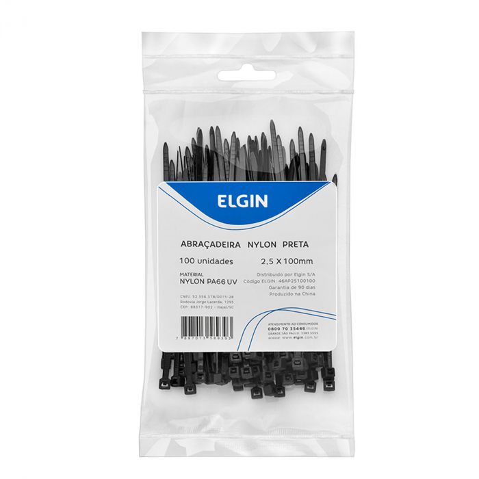 Abraçadeira de Nylon Elgin 2.5x100mm Preta com Proteção UV Pacote 100 Unidades 46AP25100100