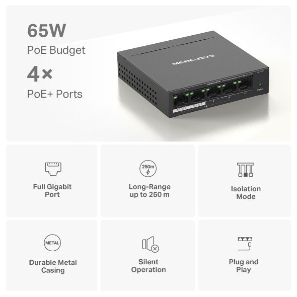 Switch de Mesa Mercusys MS105GP 5 Portas Gigabit com 4 PoE+ 65W