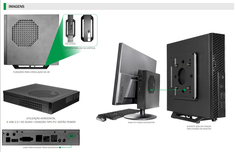 Kit Barebone Mini PC KMEX Nano PC HS-02B2 com Placa-Mãe LGA1700 TH-610 DDR4 SO-DIMM Fonte 90W Wi-Fi Cooler Preto