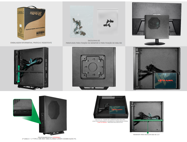 Kit Barebone Mini PC KMEX Nano PC HS-02B2 com Placa-Mãe LGA1700 TH-610 DDR4 SO-DIMM Fonte 90W Wi-Fi Cooler Preto