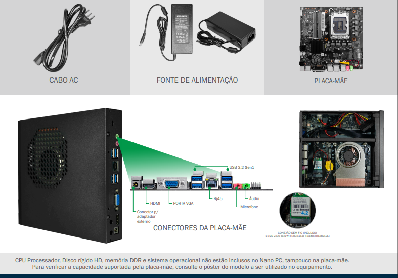Kit Barebone Mini PC KMEX Nano PC HS-02B2 com Placa-Mãe LGA1700 TH-610 DDR4 SO-DIMM Fonte 90W Wi-Fi Cooler Preto