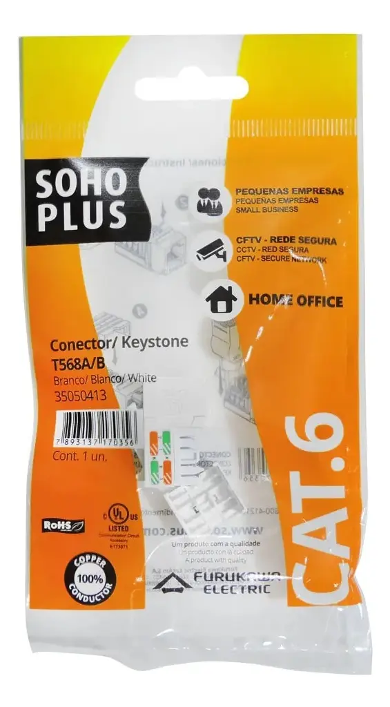 Conector Keystone Fêmea RJ45 CAT.6 FURUKAWA SOHOPLUS Padrão T568A/B Branco