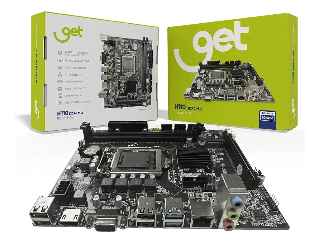 Placa-Mãe LGA1151 H110 GET H110M-GET DDR4 NVMe M.2 HDMI VGA USB 3.0 mATX