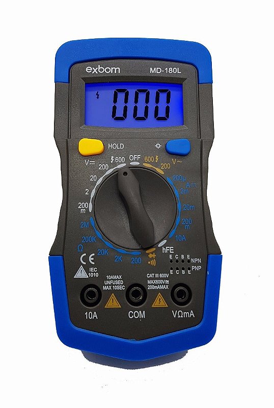 Multímetro Digital Portátil Exbom MD-180L com Display LCD Iluminado CAT II 1000V