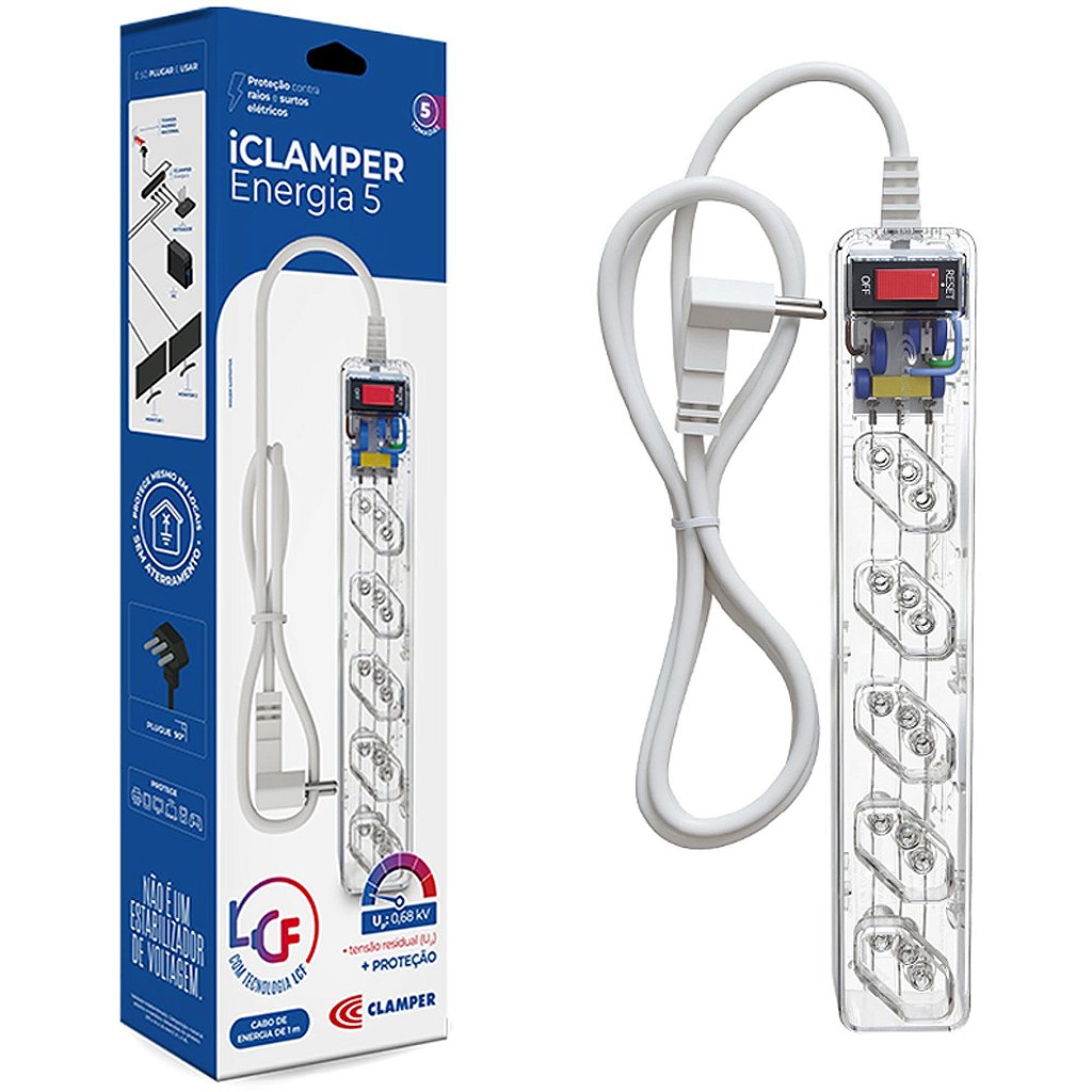 Filto de Linha Protetor de Surto 5 Tomadas 3 Pinos NBR Transparente iClamper - Imagem 5