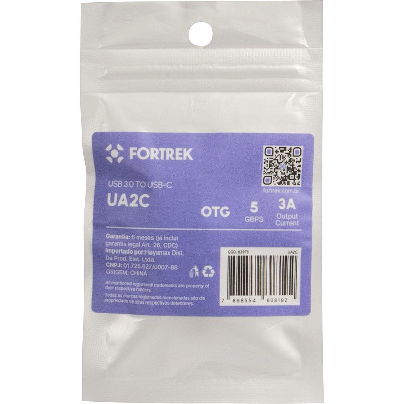 Adaptador USB-A 3.0 Macho para USB-C Fêmea OTG FORTREK UA2C 5Gbps 3A Preto