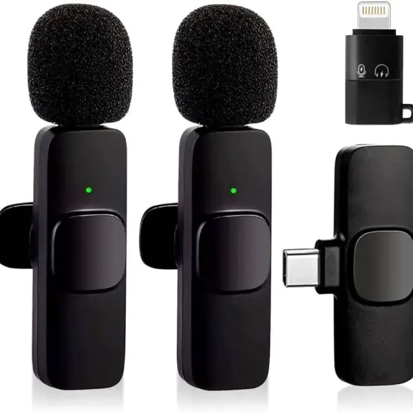 Microfone de Lapela Duplo Sem Fio Tomate MT-2217 com Receptor Tipo C e Adaptador Lightning para iPhone
