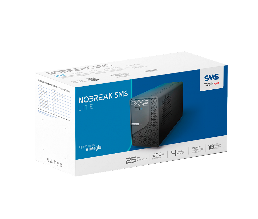 Nobreak SMS Lite 600VA 300W Bivolt Automático Saída 115V 4 Tomadas 1 Bateria 12V 5Ah 0029202 - Imagem 4