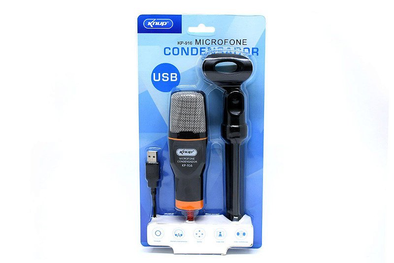 Microfone Condensador de Mesa Knup KP-916 com Conexão USB e Tripé Ajustável Cancelamento de Ruído