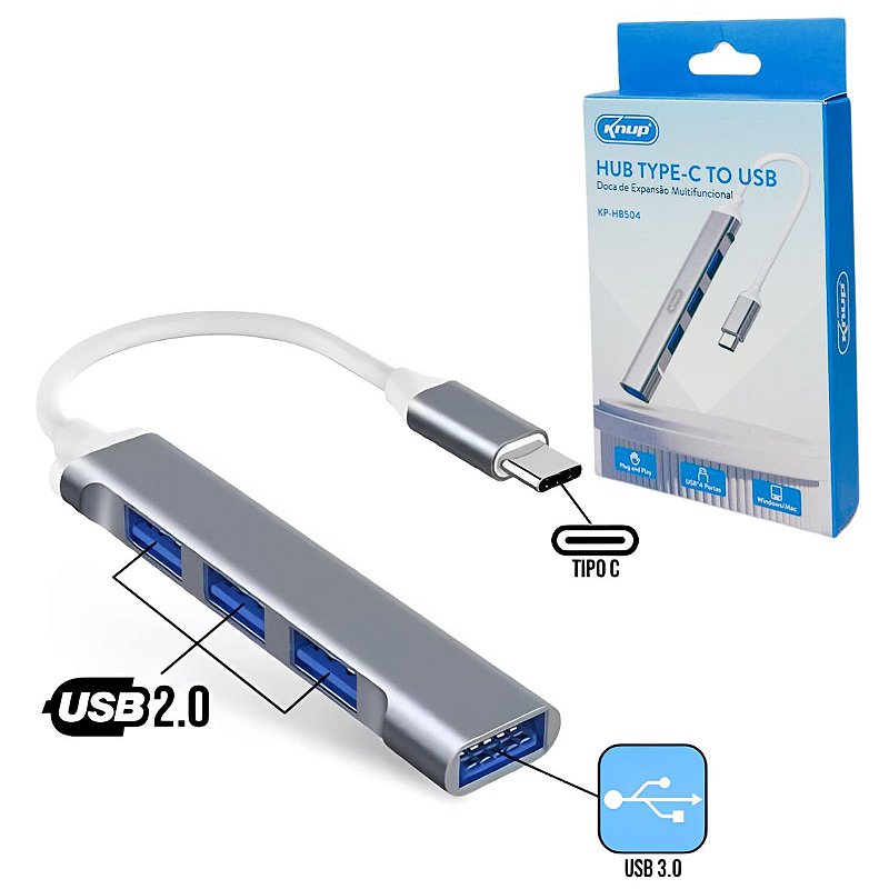 HUB USB-C Knup HB504 com 4 Portas USB 3.0 de Alta Velocidade 5Gbps em Alumínio para Notebook e PC