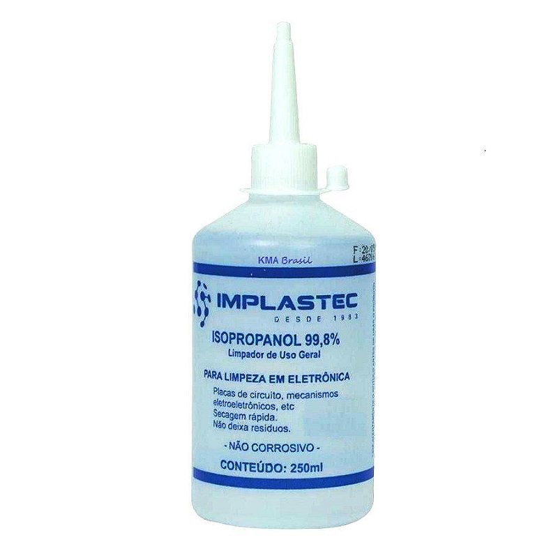 Álcool Isopropílico Implastec 250ml com Bico Aplicador 99,8% Pureza para Limpeza de Eletrônicos