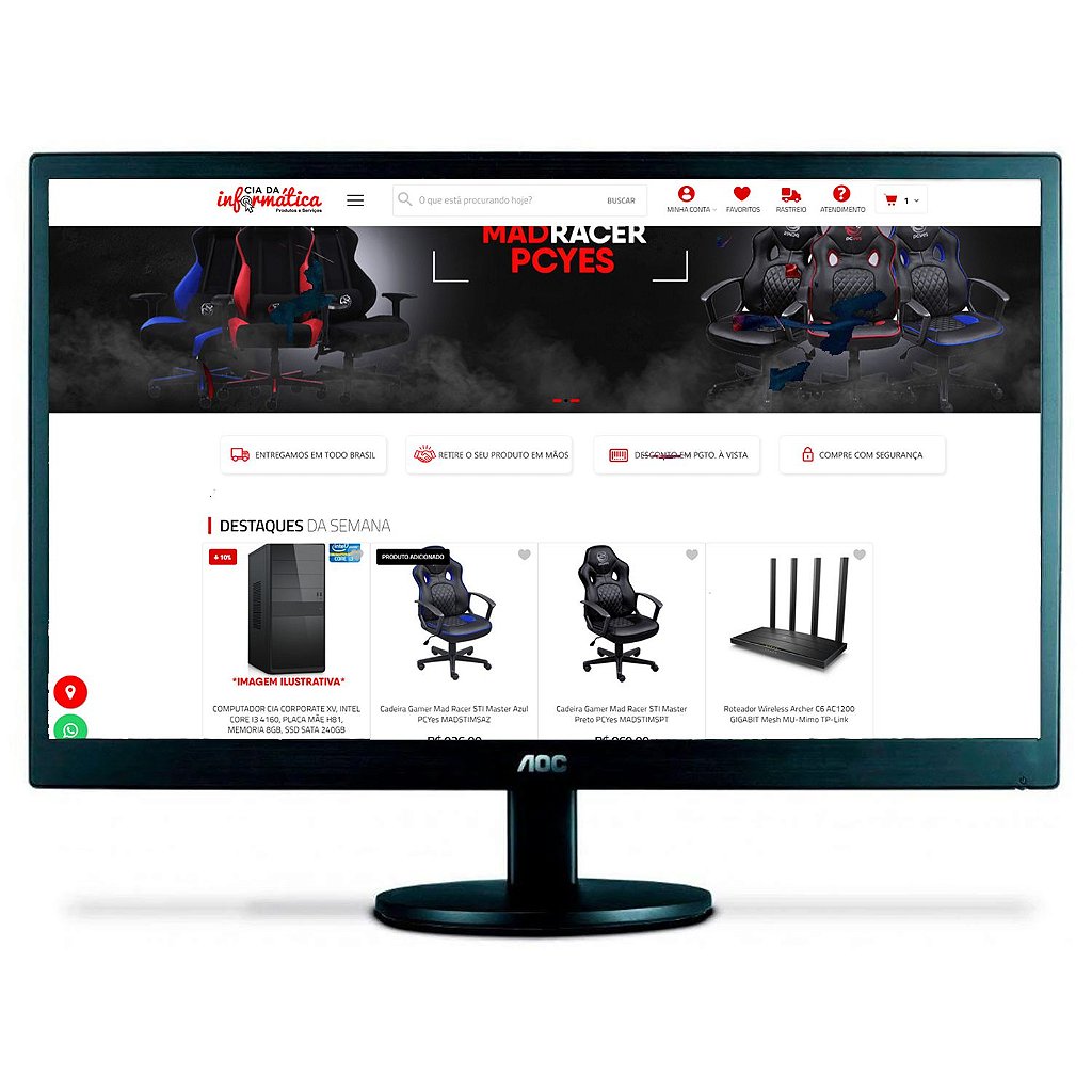 Monitor AOC 18.5pol E970SWHNL HD 1366x768 TN 60Hz 5ms HDMI VGA Preto