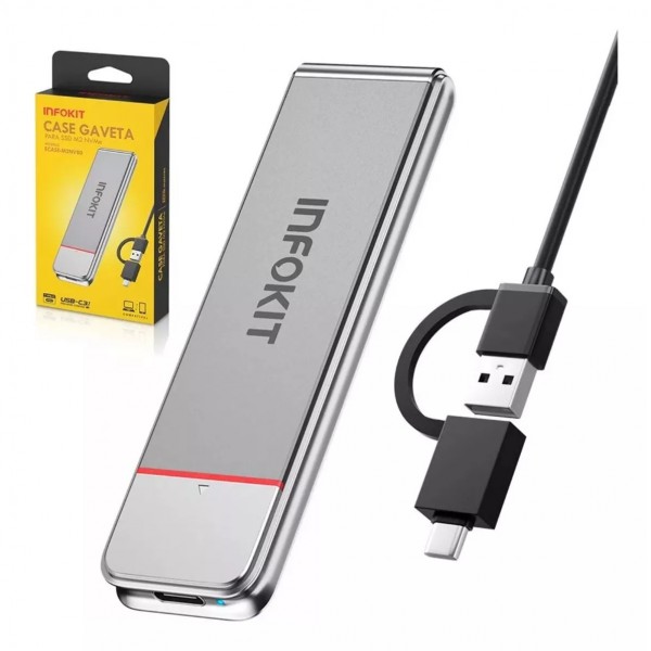 Case Gaveta Externa para SSD NVMe M.2 Infokit ECASE-M2NV80 USB-C 3.1 10Gbps Alumínio com Adaptador USB-A