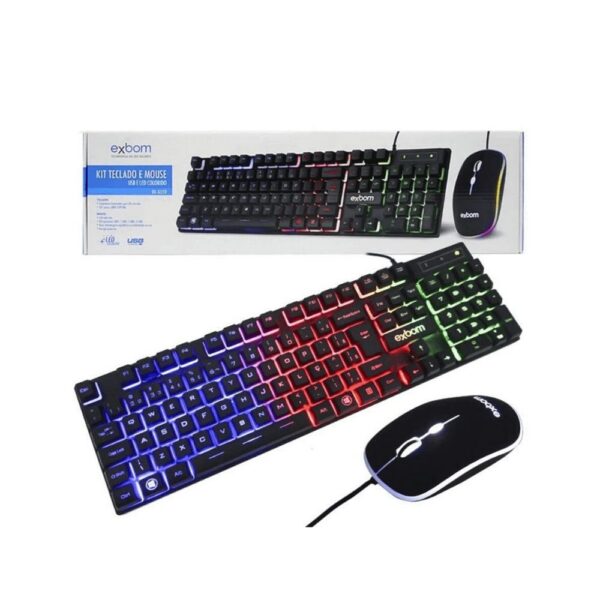 Kit Teclado e Mouse Gamer Exbom BK-G550 USB LED Rainbow ABNT2 2400 DPI