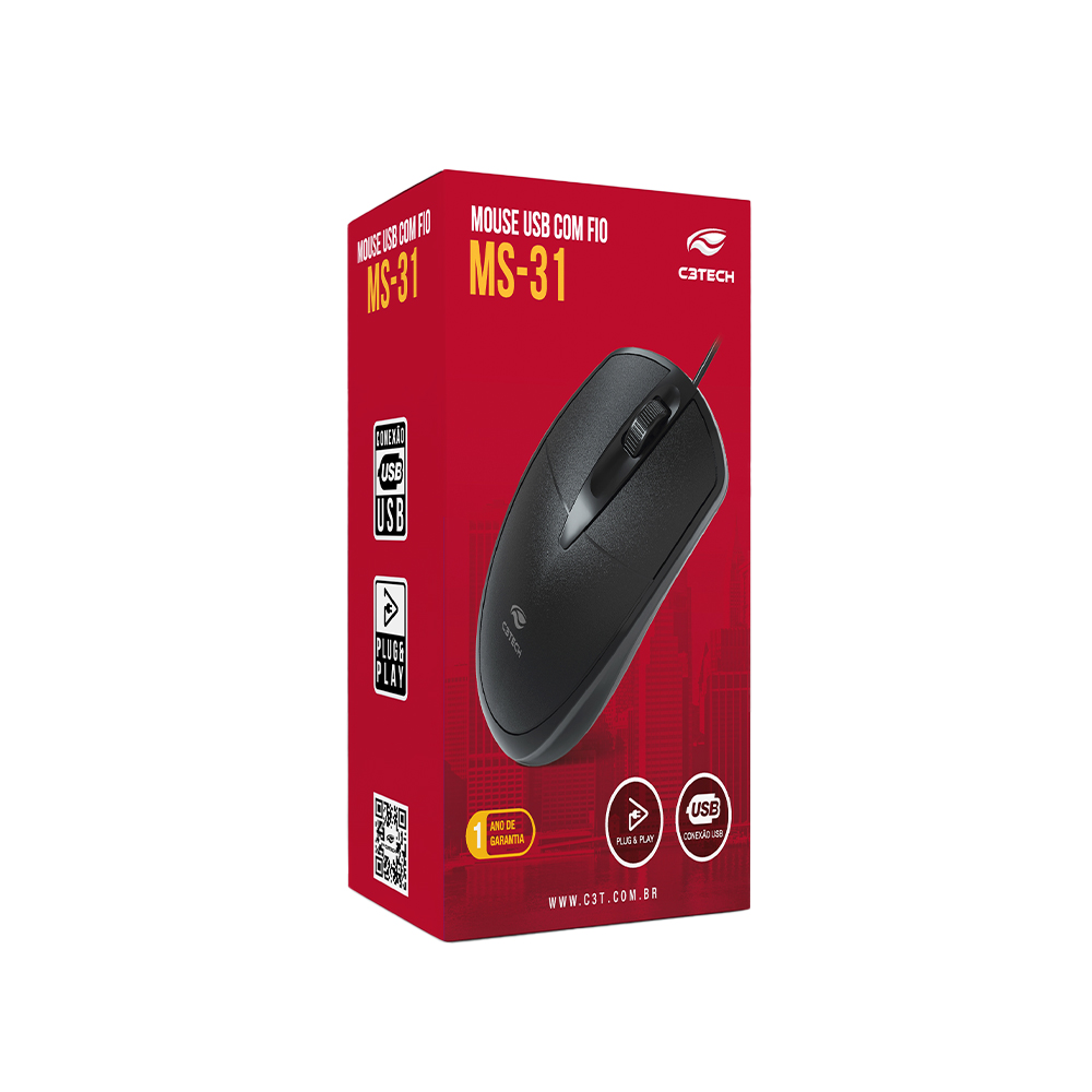 Mouse USB com Fio C3Tech MS-31BK Sensor Óptico 1000 DPI 3 Botões Preto - Imagem 4
