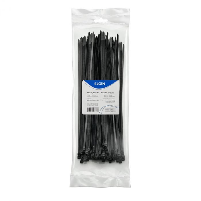 Abraçadeira de Nylon 4.8x300mm Pacote 100 Unidades Preto com Proteção UV Elgin 46AP48300100