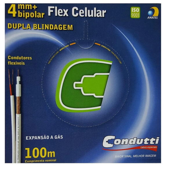 Cabo Coaxial Bipolar Condutti RL100M 4mm Dupla Blindagem 100% Cobre 75 Ohms Rolo 100m Branco