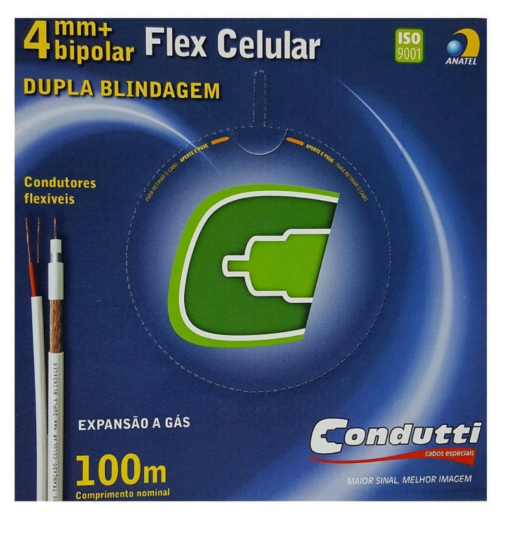 Cabo Coaxial Bipolar Condutti RL100M 4mm Dupla Blindagem 100% Cobre 75 Ohms Rolo 100m Branco
