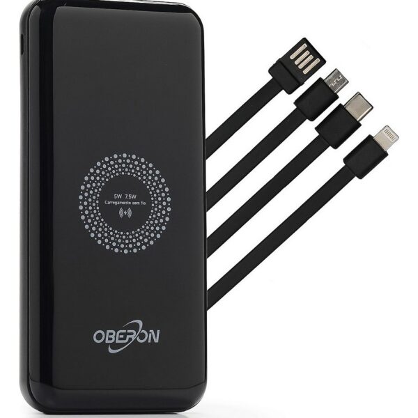 Power Bank OBERON OR-PB10 10000mAh por Indução com Cabos Lightning USB-C Micro USB Preto