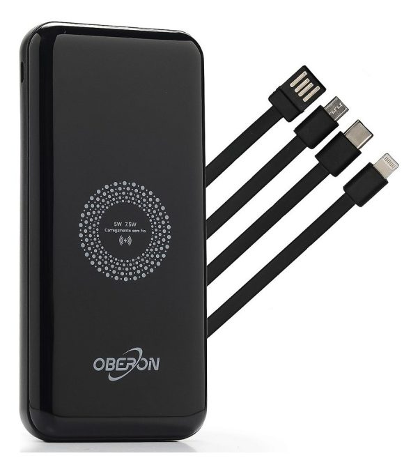 Power Bank OBERON OR-PB10 10000mAh por Indução com Cabos Lightning USB-C Micro USB Preto