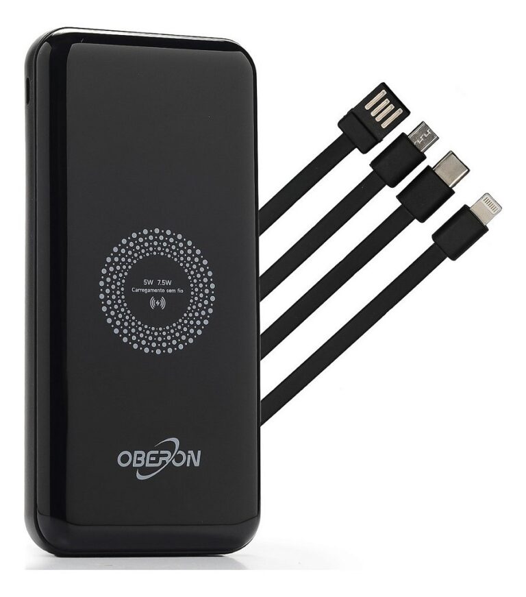 Power Bank OBERON OR-PB10 10000mAh por Indução com Cabos Lightning USB-C Micro USB Preto