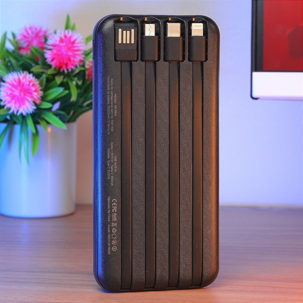Power Bank OBERON OR-PB10 10000mAh por Indução com Cabos Lightning USB-C Micro USB Preto - Imagem 4