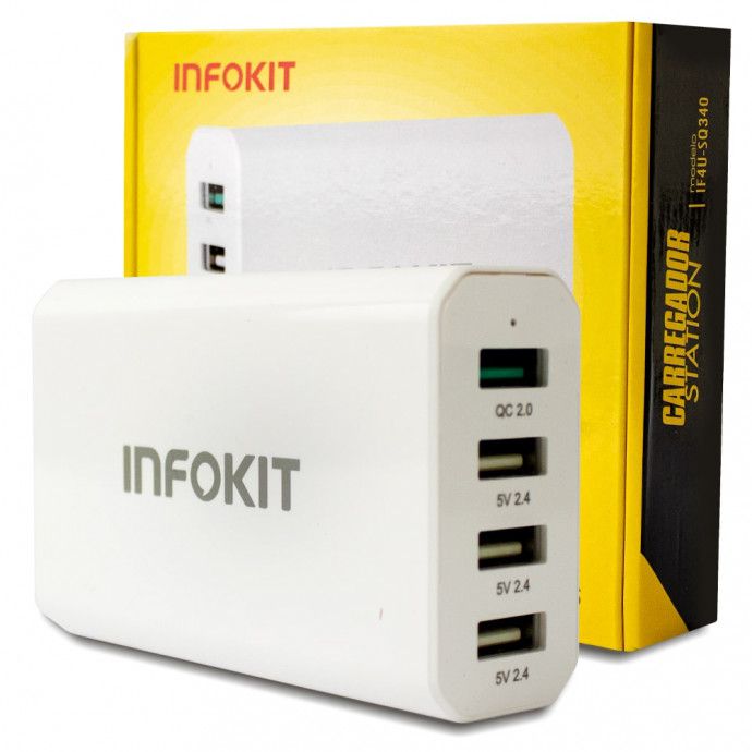 Fonte Carregador de Tomada INFOKIT UF4U-SQ340 4 Portas USB 40W Bivolt com 1x Quick Charge 2.0