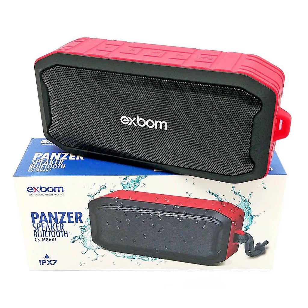 Caixa de Som Bluetooth Exbom Panzer CS-M86BT 5W à Prova d'Água IPX7 USB SD FM AUX Vermelha
