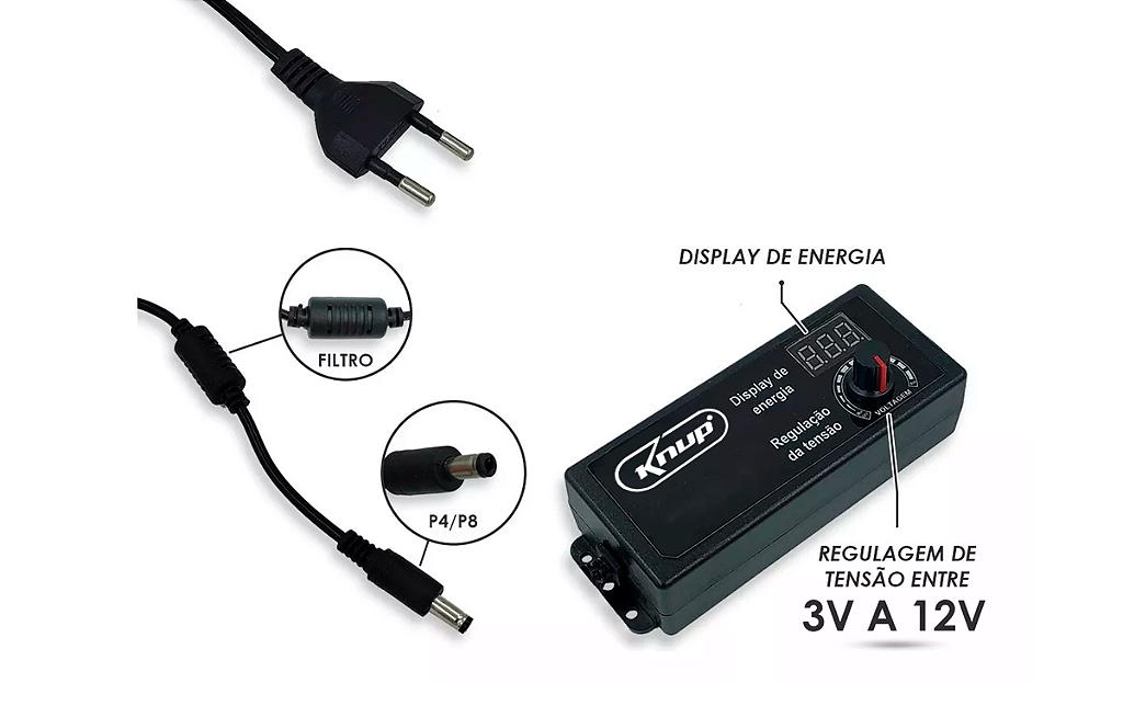 Fonte de Alimentação Regulável Knup KP-CA582 3V-12V 5A 60W Bivolt Pino P4/P8 - Imagem 2