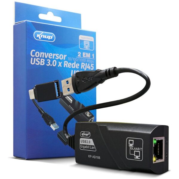 Adaptador de Rede USB 3.0 para RJ45 Gigabit KNUP KP-AD106 10/100/1000 Mbps com USB-C