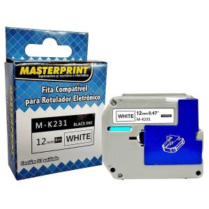 Fita para Rotulador Masterprint M-K231 Compatível Brother 12mm x 8m Preto sobre Branco
