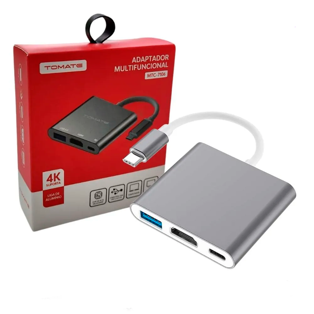 Adaptador HUB USB-C 3 em 1 Tomate MTC-7106 com HDMI 4K, USB 3.0 e USB-C Power Delivery (PD)