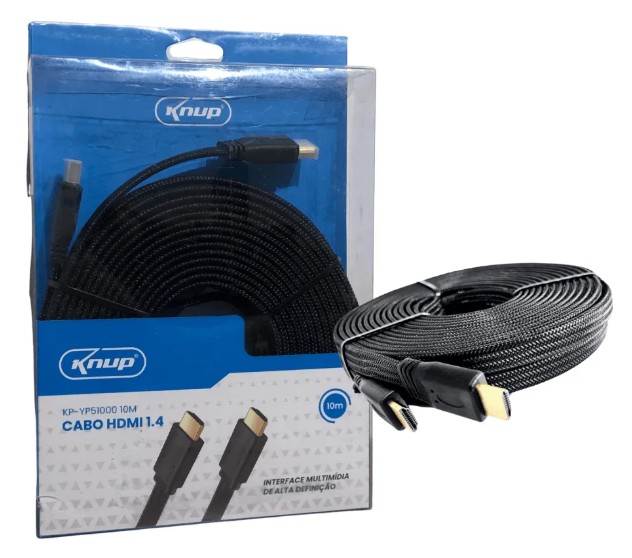 Cabo HDMI 1.4 Knup KP-YP51000 10 Metros Flat Achatado Conectores Banhados a Ouro