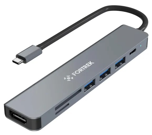 Adaptador Hub USB-C 7 em 1 FORTREK DC75 com HDMI 4K, PD 100W, 3x USB 3.0, 2x 2.0, Leitor SD/TF
