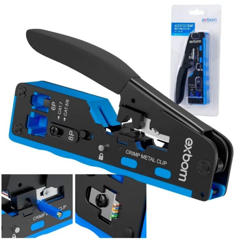 Alicate de Crimpar Profissional Exbom FRM-ACN702 para Conector RJ45 CAT7 Vazado (EZ Crimp) e RJ11/RJ12