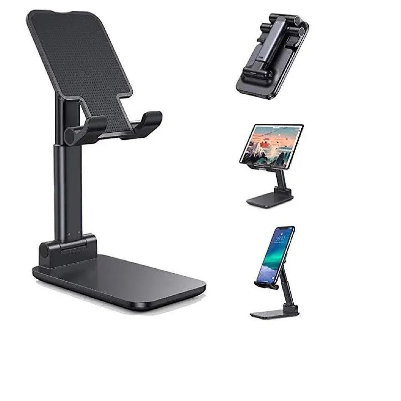 Suporte de Mesa para Celular e Tablet Oberon OR-SP200 Ajustável Dobrável Portátil Ergonômico em Alumínio e ABS Preto