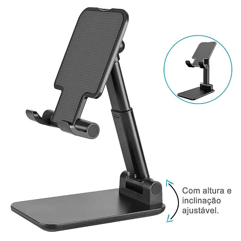 Suporte de Mesa para Celular e Tablet Oberon OR-SP200 Ajustável Dobrável Portátil Ergonômico em Alumínio e ABS Preto