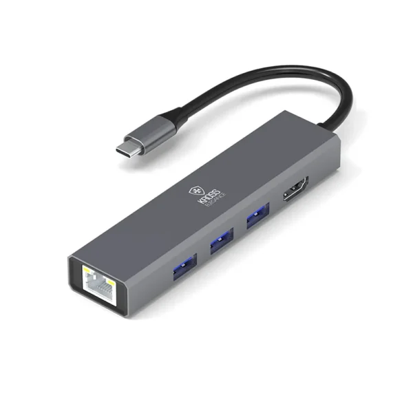 Adaptador Hub USB-C 6 em 1 KROSS ELEGANCE KE-UCT618 com HDMI 4K, 3x USB 3.0, Rede Gigabit e PD 100W